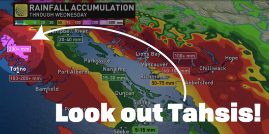 A weather map of rainfall totals on Vancouver Island with Tahsis and Zeballos region highlighted.