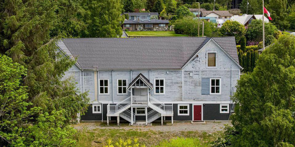 An aerial picture of the Sointula Recreation Association building.