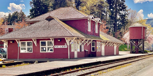 The Port Alberni train station on a sunny day.